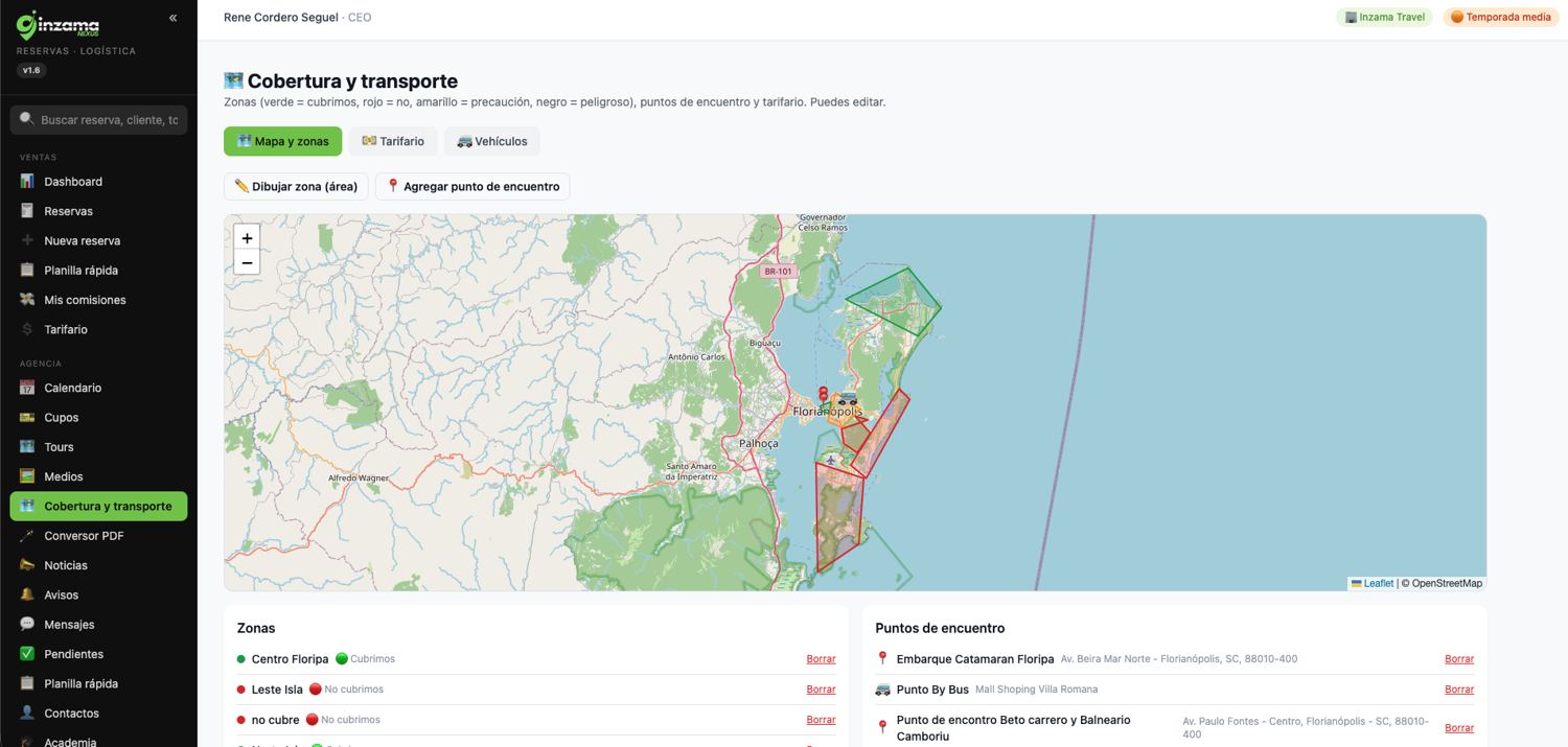 Mapa de cobertura y transporte en Inzama Nexus